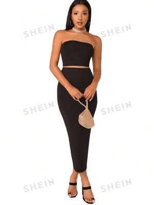 SHEIN BAE Solid Cropped Tube Top & Pencil Midi Skirt Set - Negative Apparel
