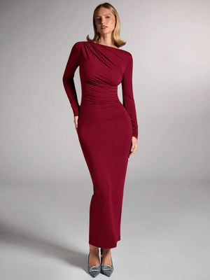 SHEIN BAE Women Fall/Winter Elegant Brown Ruched Four - Sided Stretch Knit Fitted Long Sleeve Dress FD - Negative Apparel