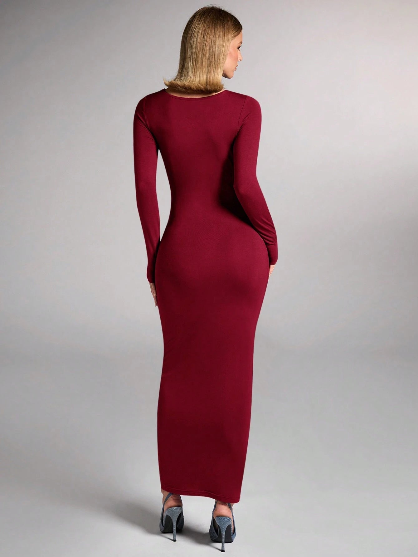 SHEIN BAE Women Fall/Winter Elegant Brown Ruched Four - Sided Stretch Knit Fitted Long Sleeve Dress FD - Negative Apparel