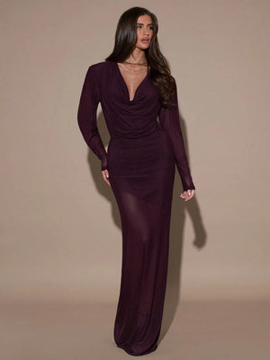 SHEIN BAE Women's Solid Color Draped Neck Long Sleeve Fitted Dress,Purple Halter Neck Long - Sleeved Dress FD - Negative Apparel