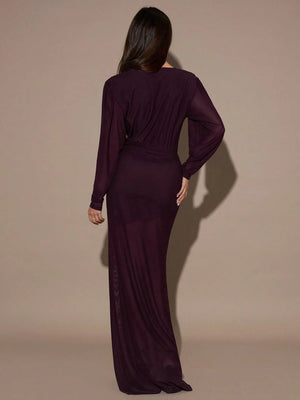 SHEIN BAE Women's Solid Color Draped Neck Long Sleeve Fitted Dress,Purple Halter Neck Long - Sleeved Dress FD - Negative Apparel