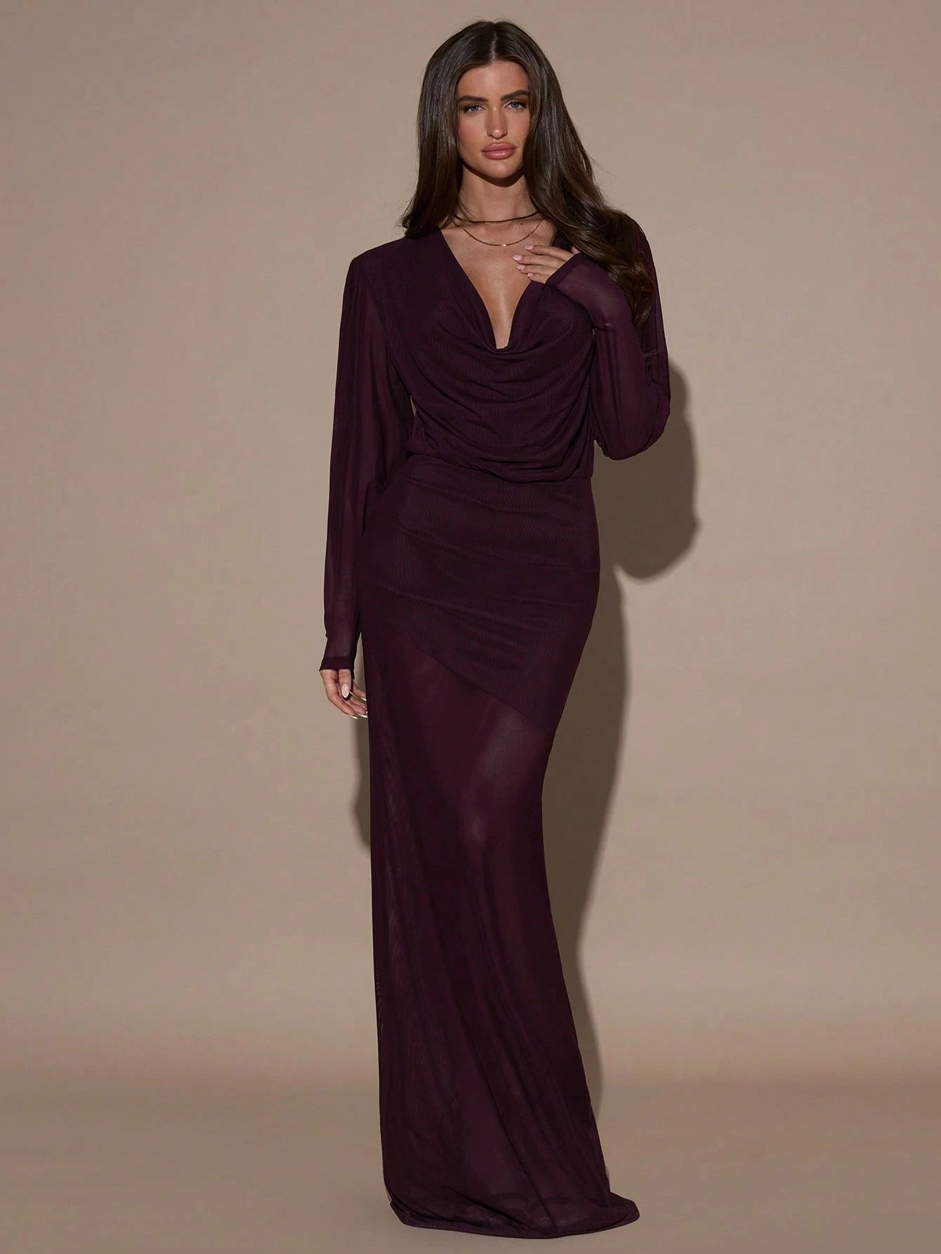 SHEIN BAE Women's Solid Color Draped Neck Long Sleeve Fitted Dress,Purple Halter Neck Long - Sleeved Dress FD - Negative Apparel