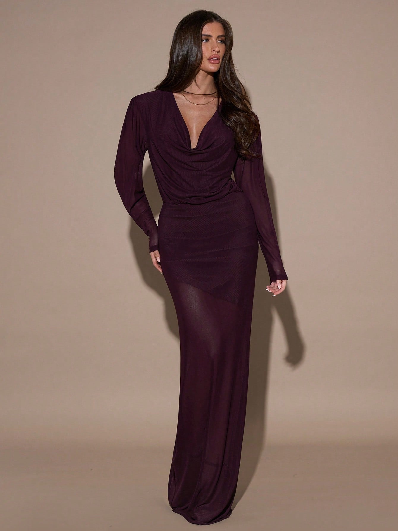 SHEIN BAE Women's Solid Color Draped Neck Long Sleeve Fitted Dress,Purple Halter Neck Long - Sleeved Dress FD - Negative Apparel