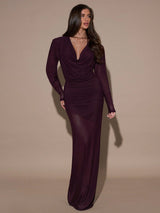 SHEIN BAE Women's Solid Color Draped Neck Long Sleeve Fitted Dress,Purple Halter Neck Long - Sleeved Dress FD - Negative Apparel