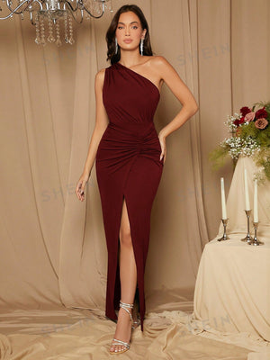 SHEIN Belle Bridesmaid Dress With Single - shoulder Twist Detail And High Slit - Negative Apparel