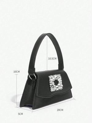 SHEIN Belle Luxury, Glamorous, Fashionable Black Rhinestone Decorated Flap Square Handbag For Women - Negative Apparel