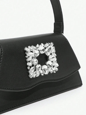 SHEIN Belle Luxury, Glamorous, Fashionable Black Rhinestone Decorated Flap Square Handbag For Women - Negative Apparel