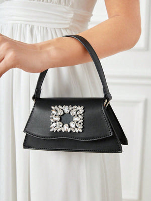 SHEIN Belle Luxury, Glamorous, Fashionable Black Rhinestone Decorated Flap Square Handbag For Women - Negative Apparel