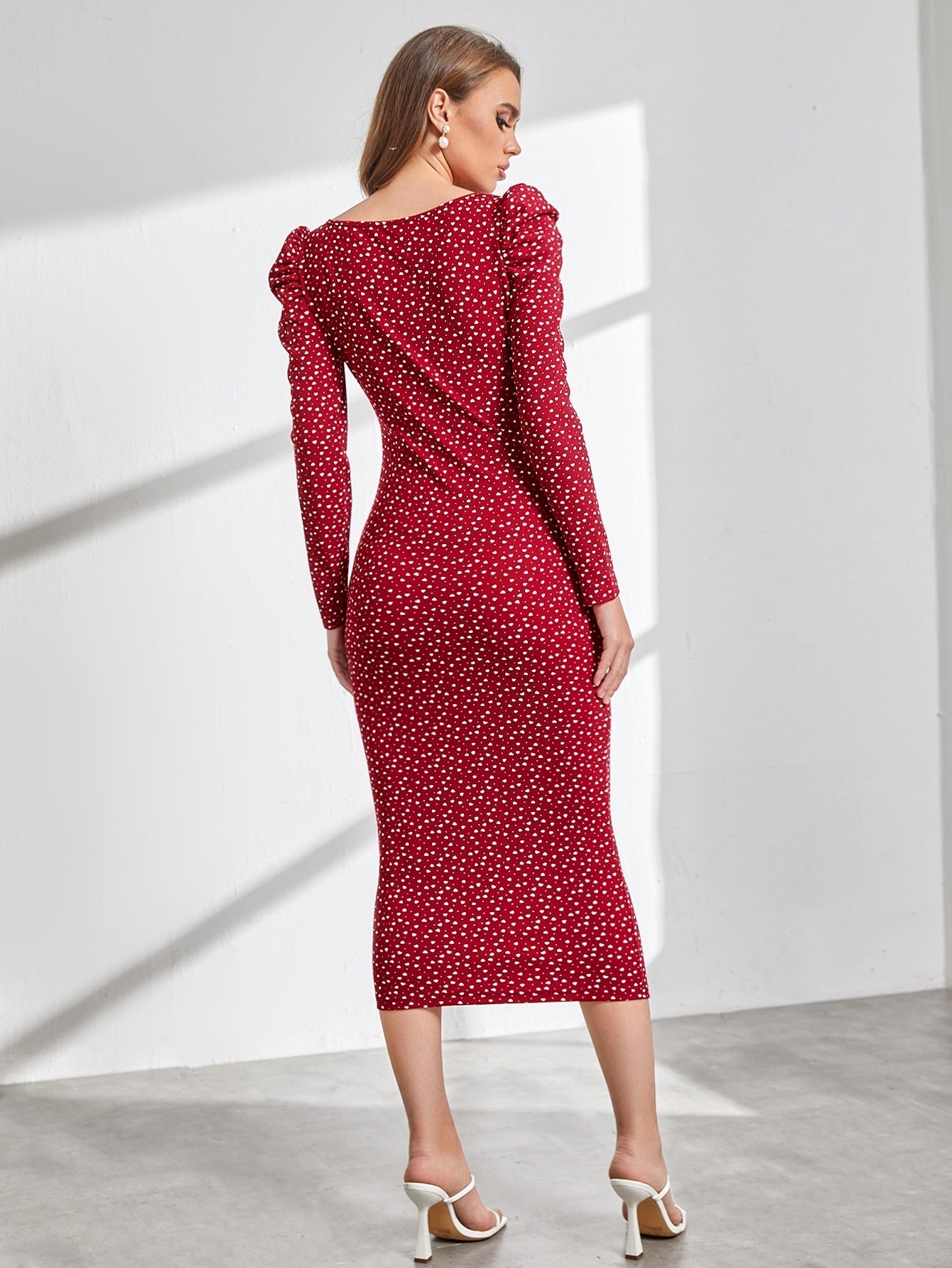 SHEIN BIZwear Confetti Heart Print Gigot Sleeve Dress Without Belt Workwear - Negative Apparel