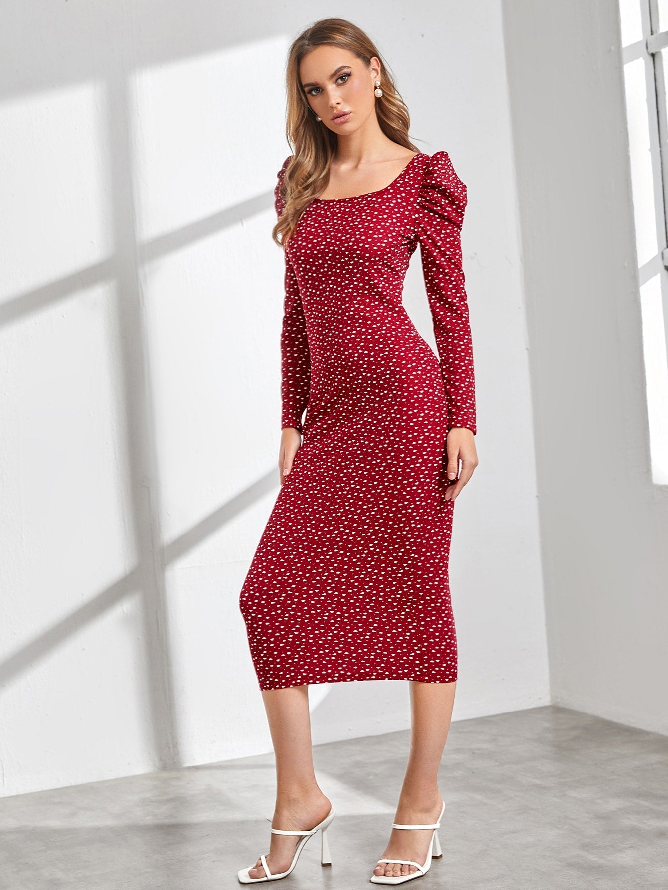 SHEIN BIZwear Confetti Heart Print Gigot Sleeve Dress Without Belt Workwear - Negative Apparel