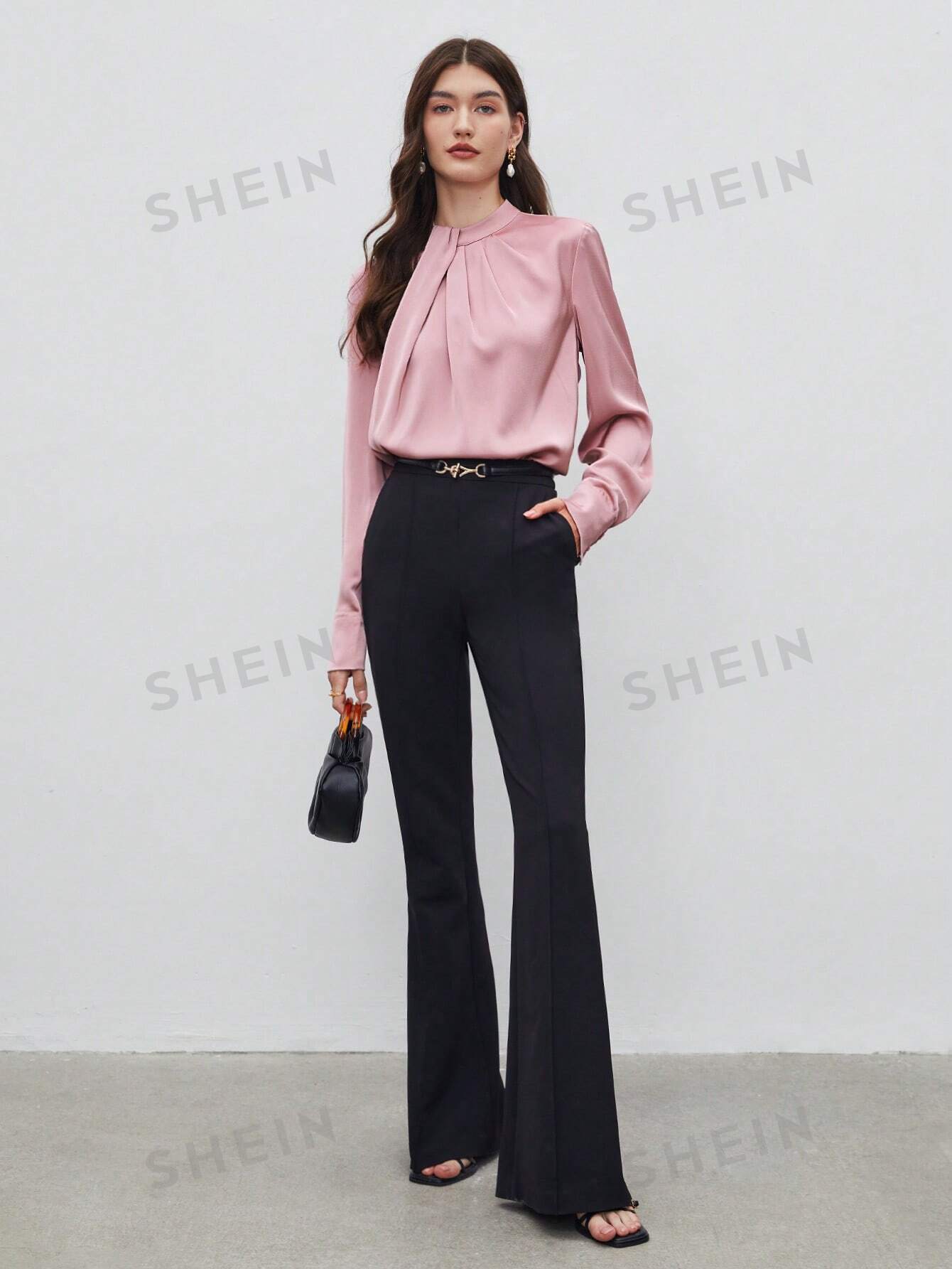 SHEIN BIZwear Keyhole Back Fold Pleated Front Solid Top - Negative Apparel