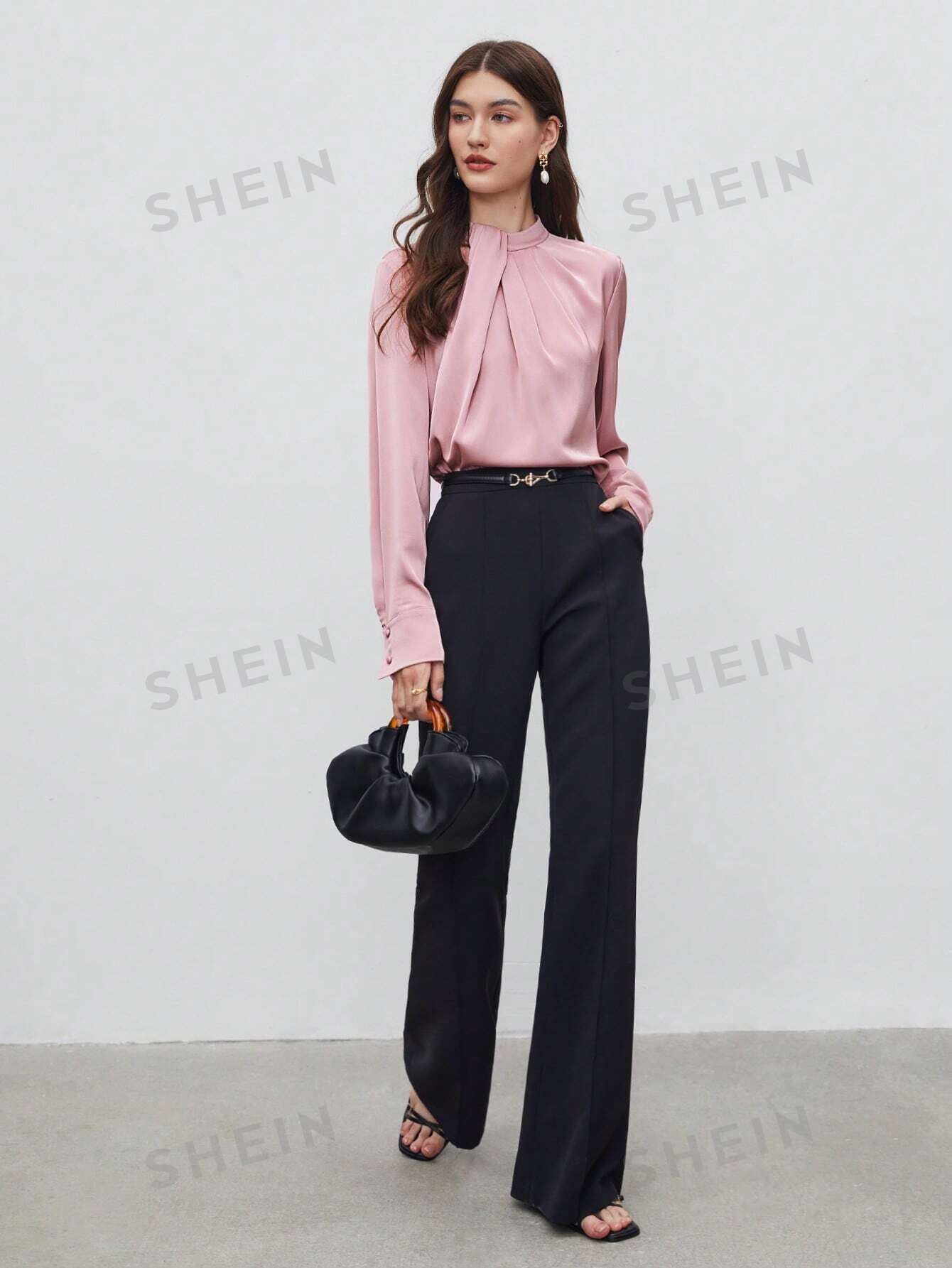 SHEIN BIZwear Keyhole Back Fold Pleated Front Solid Top - Negative Apparel