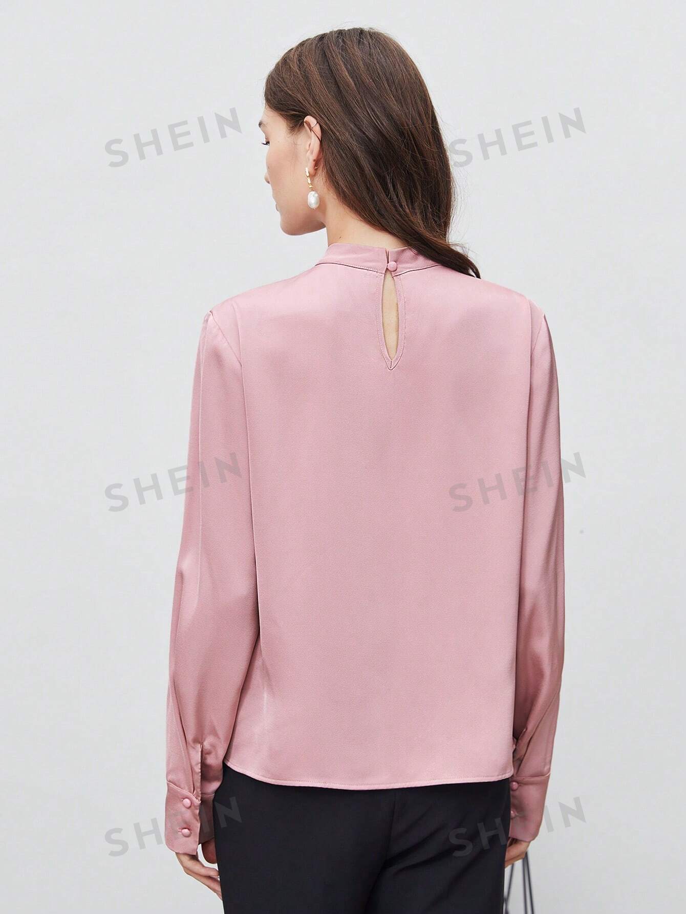 SHEIN BIZwear Keyhole Back Fold Pleated Front Solid Top - Negative Apparel