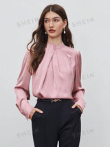 SHEIN BIZwear Keyhole Back Fold Pleated Front Solid Top - Negative Apparel