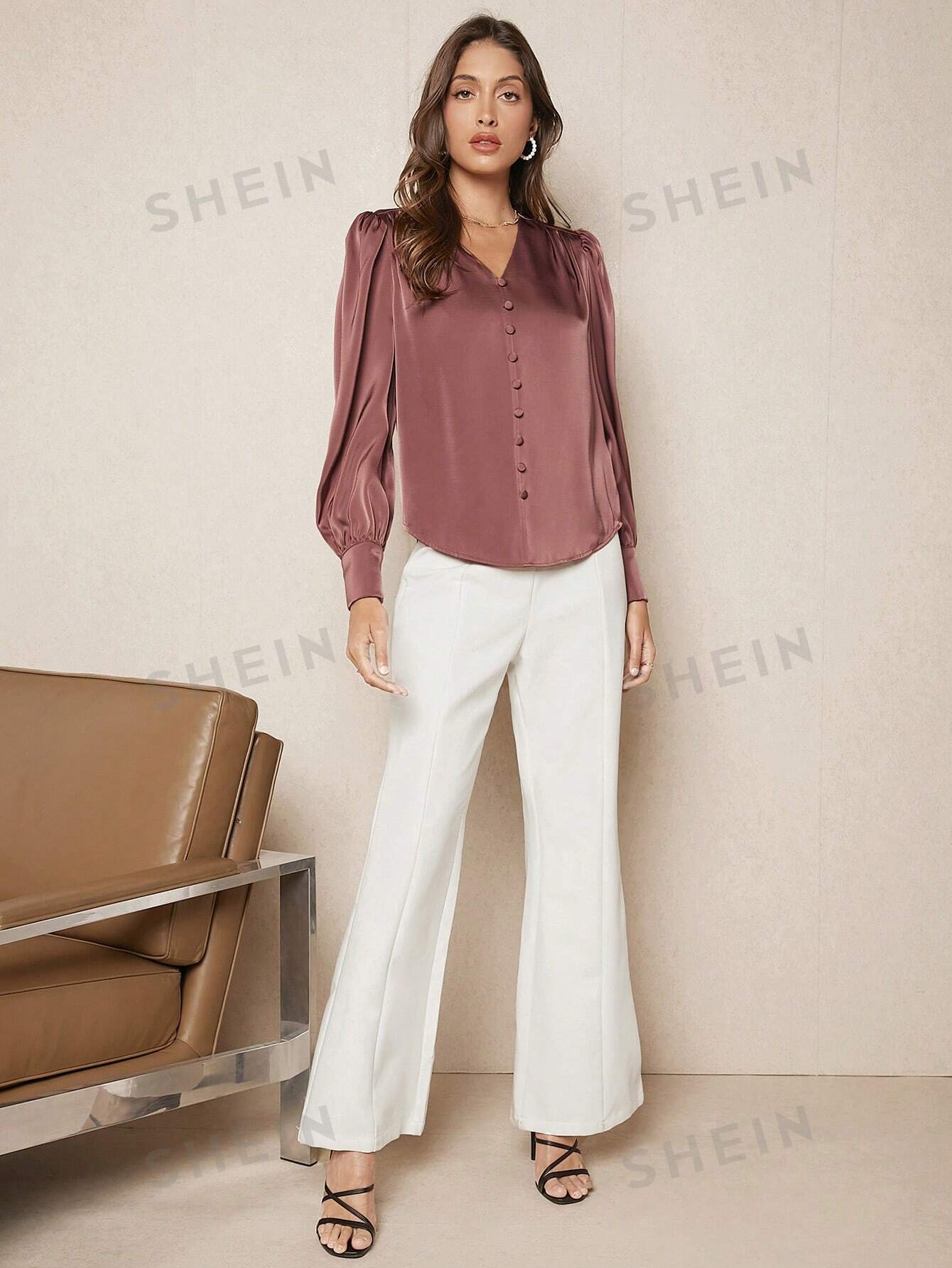 SHEIN BIZwear Solid Button Front Lantern Sleeve Satin Blouse - Negative Apparel