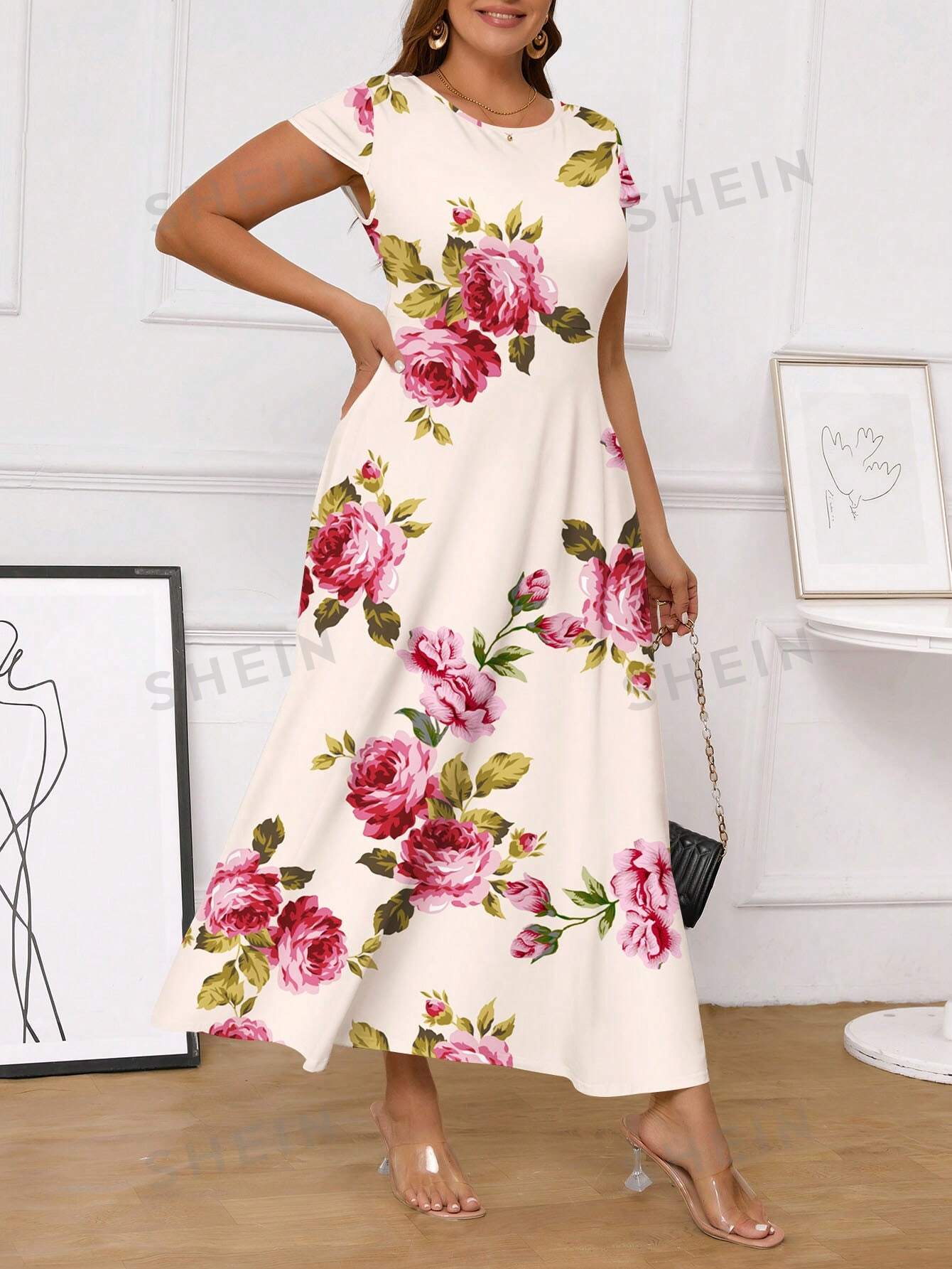 SHEIN Clasi Floral Printed Plus Size Long Dress With Cinched Waist For Women - Negative Apparel