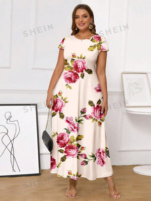 SHEIN Clasi Floral Printed Plus Size Long Dress With Cinched Waist For Women - Negative Apparel