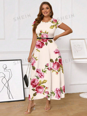 SHEIN Clasi Floral Printed Plus Size Long Dress With Cinched Waist For Women - Negative Apparel