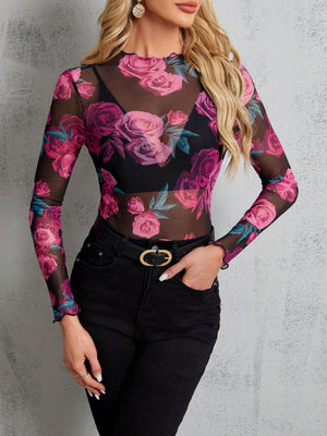 SHEIN Clasi Ladies' Stand Collar Sheer Floral Print Long Sleeve Blouse - Negative Apparel