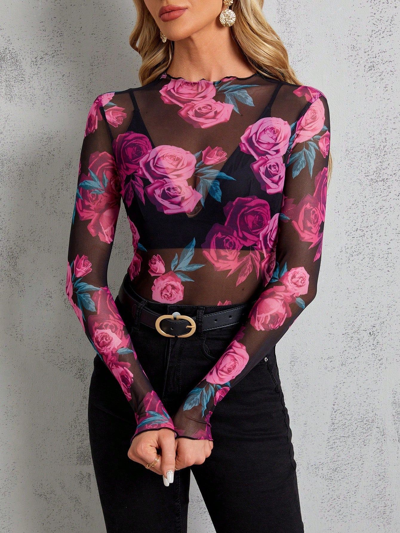 SHEIN Clasi Ladies' Stand Collar Sheer Floral Print Long Sleeve Blouse - Negative Apparel
