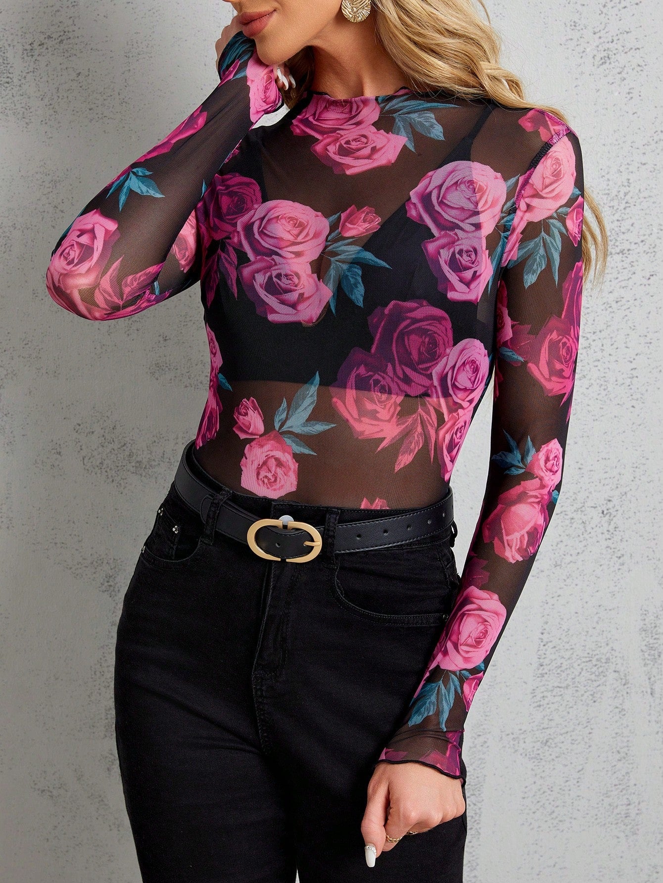SHEIN Clasi Ladies' Stand Collar Sheer Floral Print Long Sleeve Blouse - Negative Apparel
