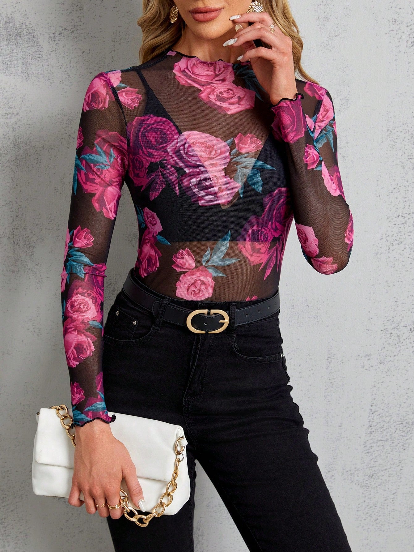 SHEIN Clasi Ladies' Stand Collar Sheer Floral Print Long Sleeve Blouse - Negative Apparel