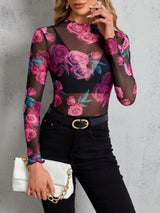 SHEIN Clasi Ladies' Stand Collar Sheer Floral Print Long Sleeve Blouse - Negative Apparel