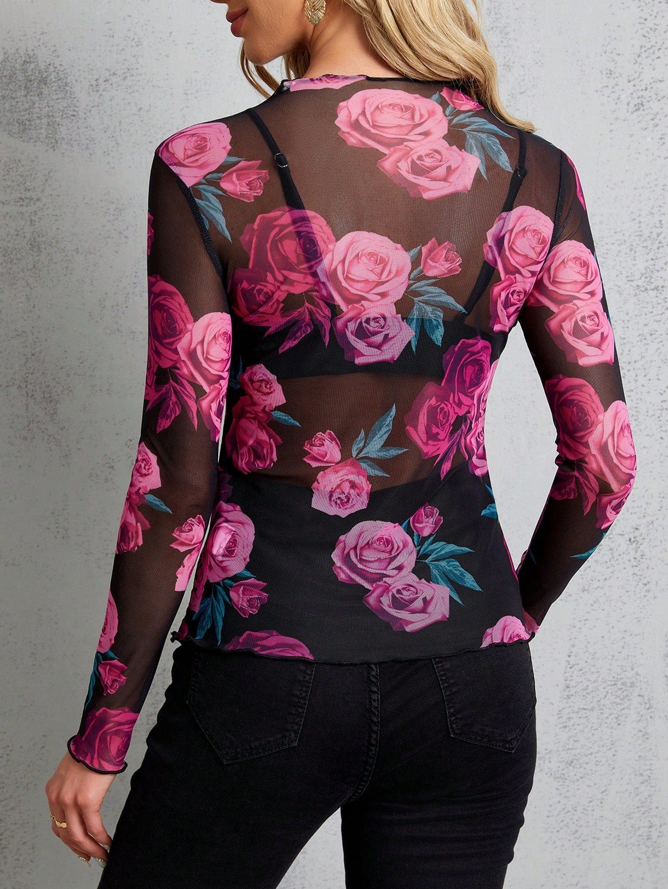 SHEIN Clasi Ladies' Stand Collar Sheer Floral Print Long Sleeve Blouse - Negative Apparel