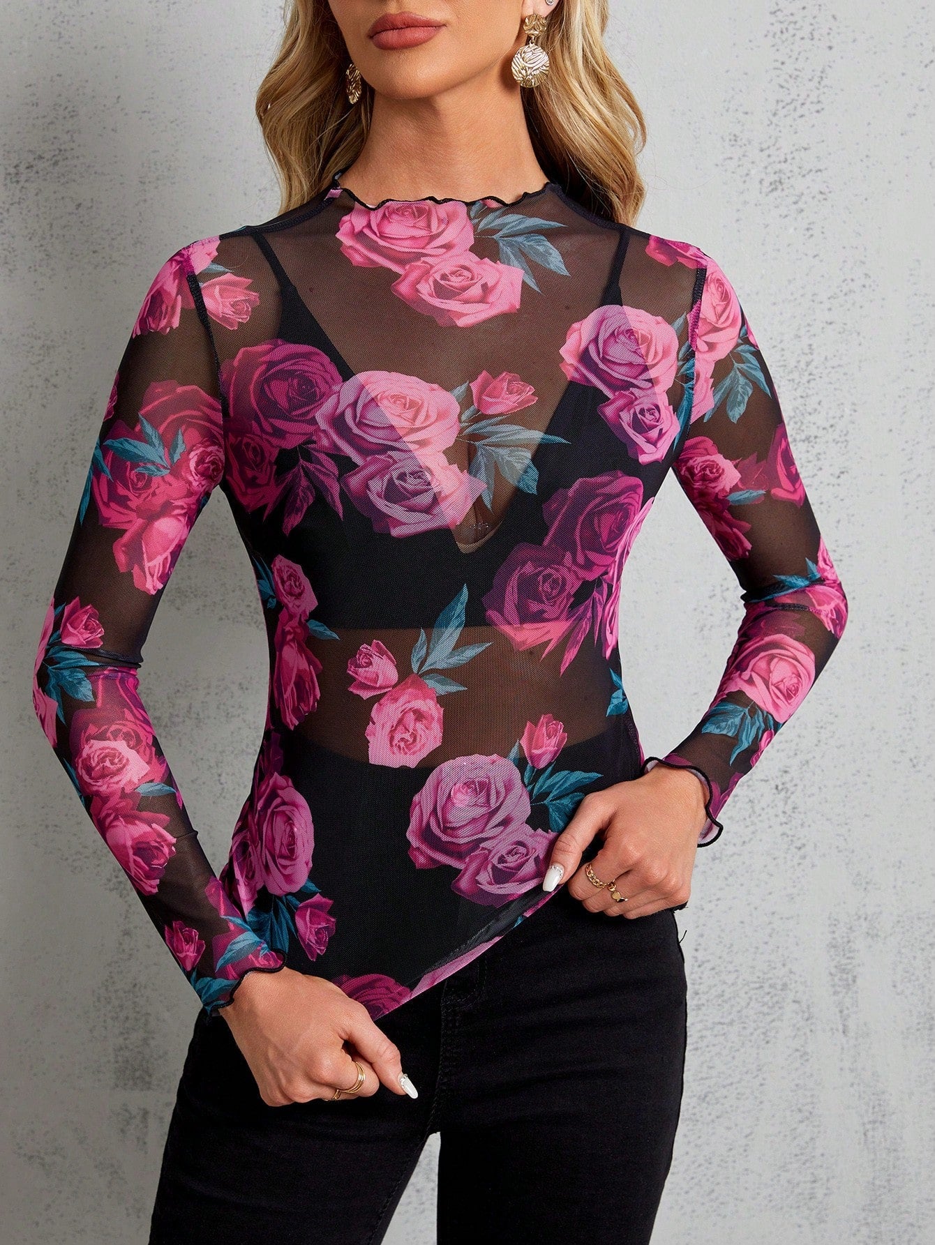 SHEIN Clasi Ladies' Stand Collar Sheer Floral Print Long Sleeve Blouse - Negative Apparel