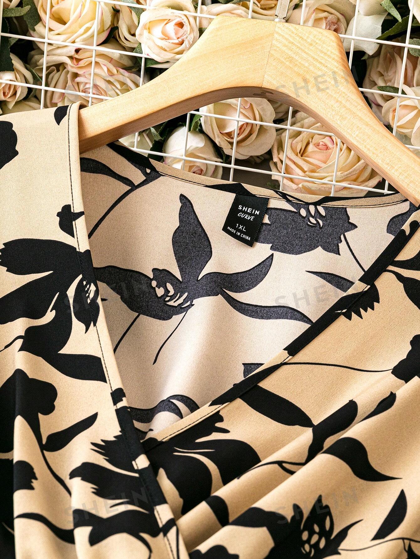 SHEIN Clasi Plus Floral Print Overlap Collar Dress - Negative Apparel