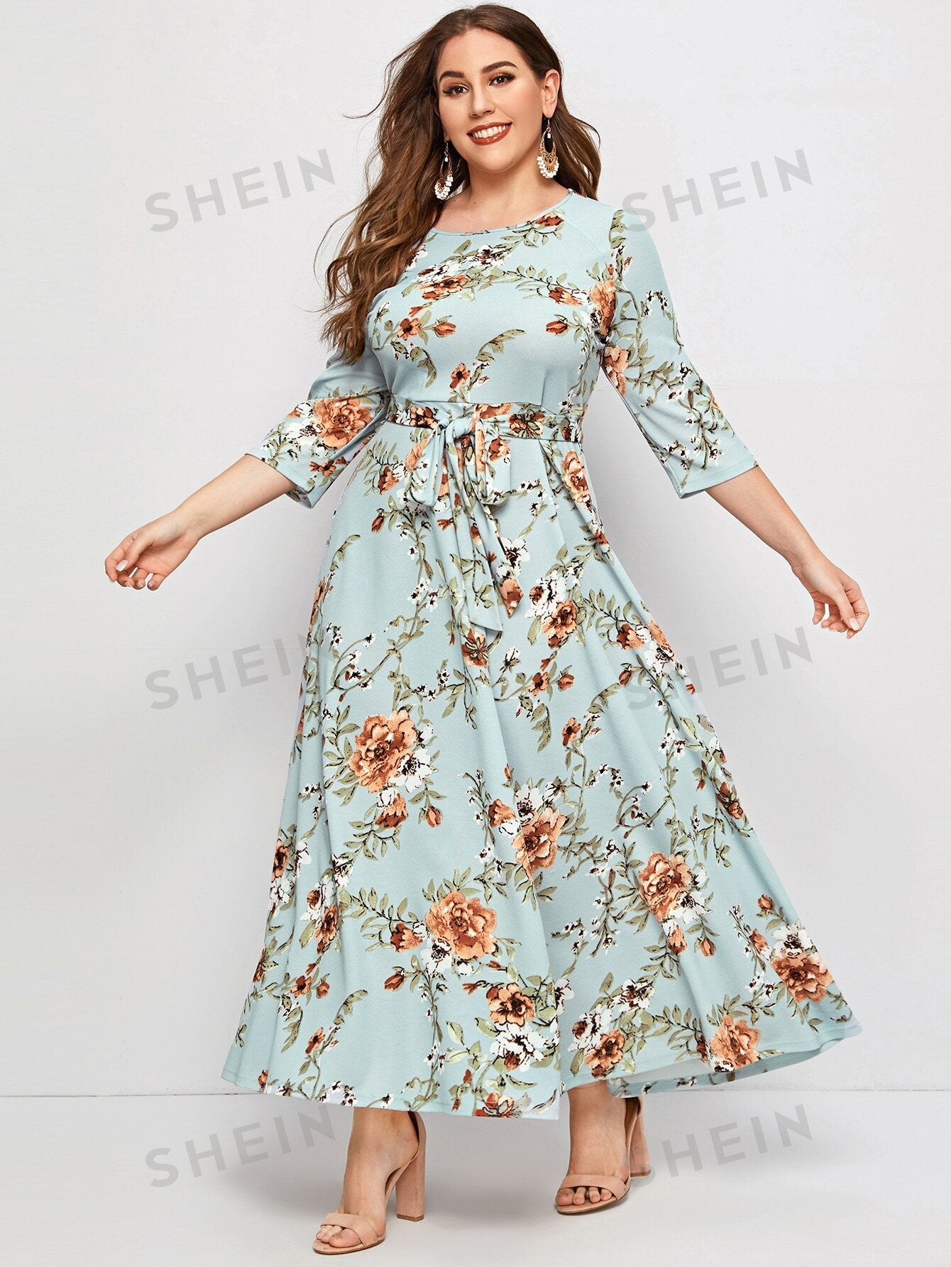 SHEIN Clasi Plus Floral Print Self Belted Dress - Negative Apparel
