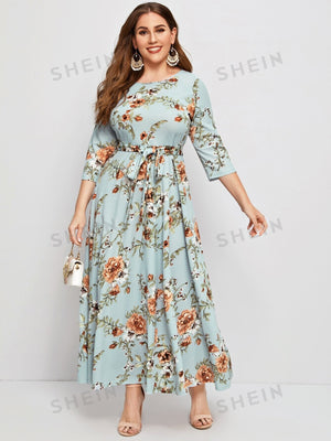SHEIN Clasi Plus Floral Print Self Belted Dress - Negative Apparel