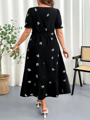 SHEIN Clasi Women Plus Size Summer Floral Print Square Neck Elastic Waist Puff Sleeve Dress - Negative Apparel