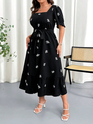 SHEIN Clasi Women Plus Size Summer Floral Print Square Neck Elastic Waist Puff Sleeve Dress - Negative Apparel