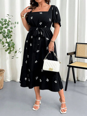 SHEIN Clasi Women Plus Size Summer Floral Print Square Neck Elastic Waist Puff Sleeve Dress - Negative Apparel