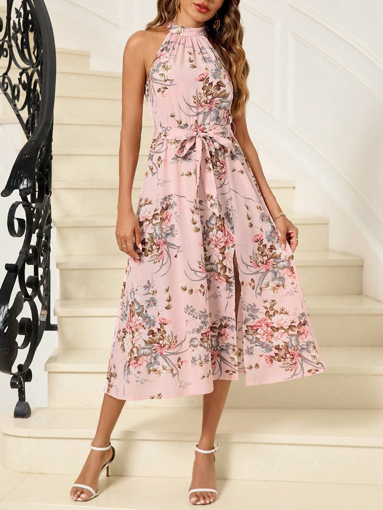 SHEIN Clasi Women's Floral Print Halter Neck Long Summer Dress - Negative Apparel