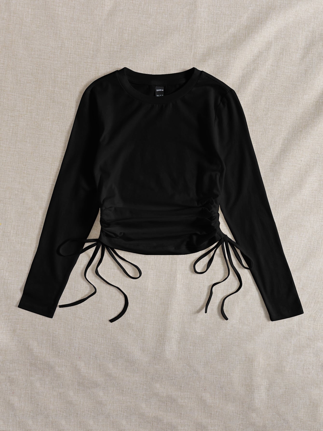 SHEIN Drawstring Ruched Solid Round Neck Crop Tee - Negative Apparel