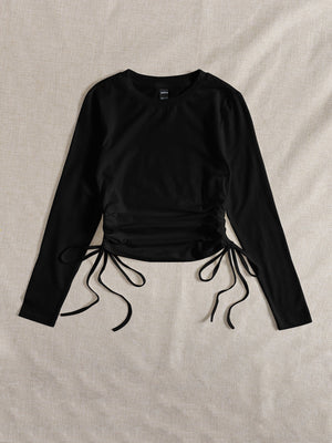 SHEIN Drawstring Ruched Solid Round Neck Crop Tee - Negative Apparel