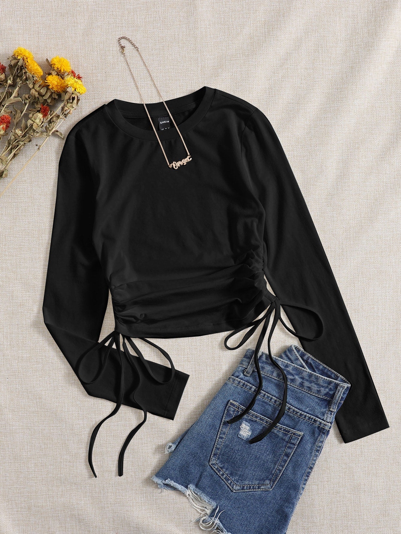 SHEIN Drawstring Ruched Solid Round Neck Crop Tee - Negative Apparel