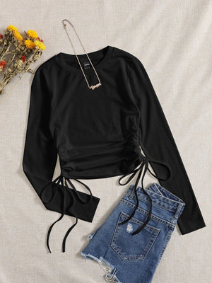 SHEIN Drawstring Ruched Solid Round Neck Crop Tee - Negative Apparel