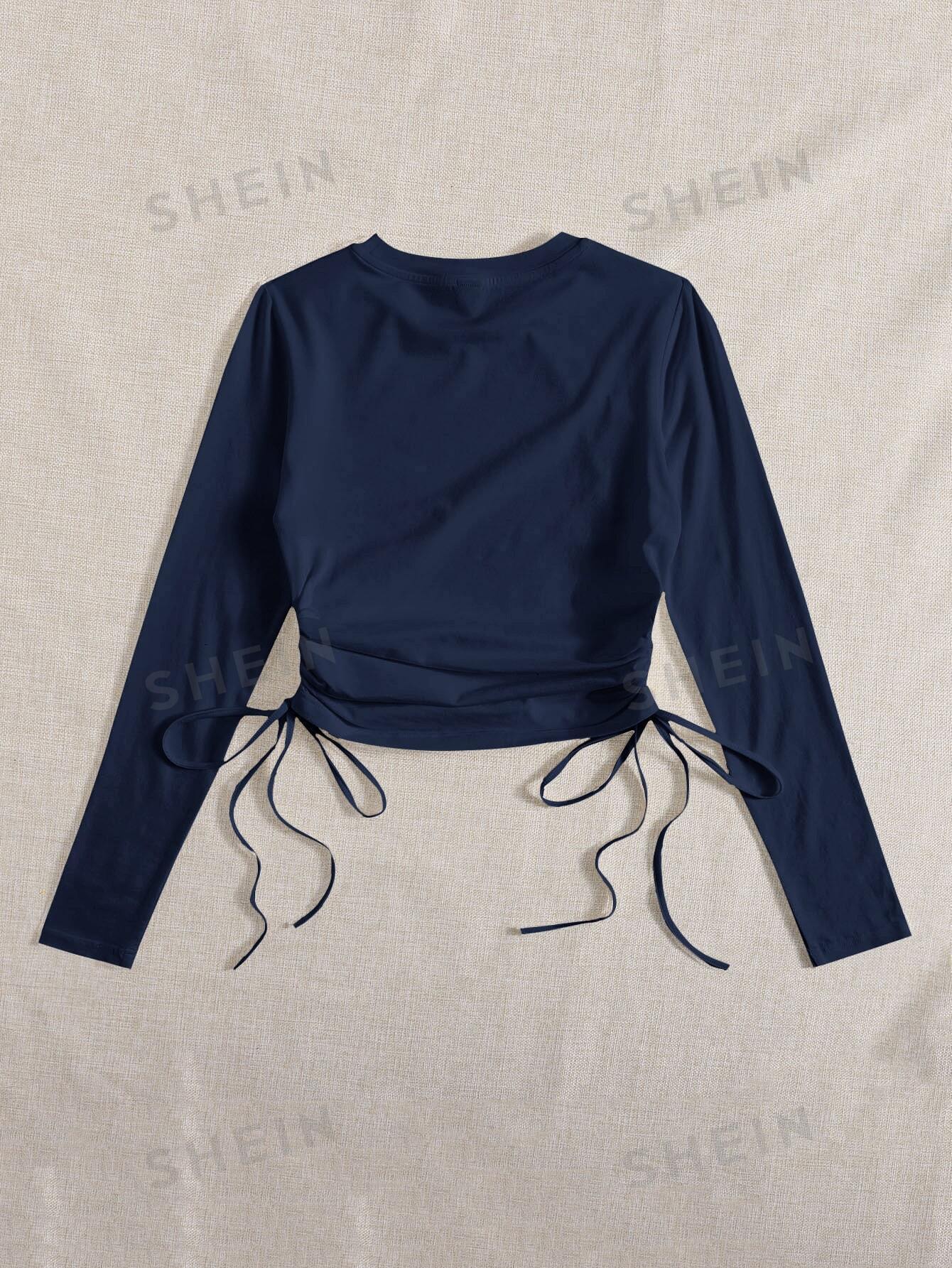 SHEIN Drawstring Ruched Solid Round Neck Crop Tee - Negative Apparel
