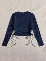 SHEIN Drawstring Ruched Solid Round Neck Crop Tee - Negative Apparel