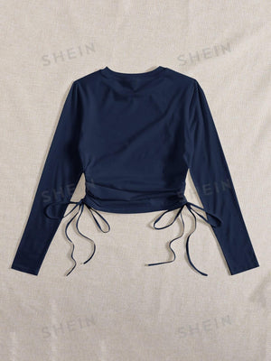 SHEIN Drawstring Ruched Solid Round Neck Crop Tee - Negative Apparel
