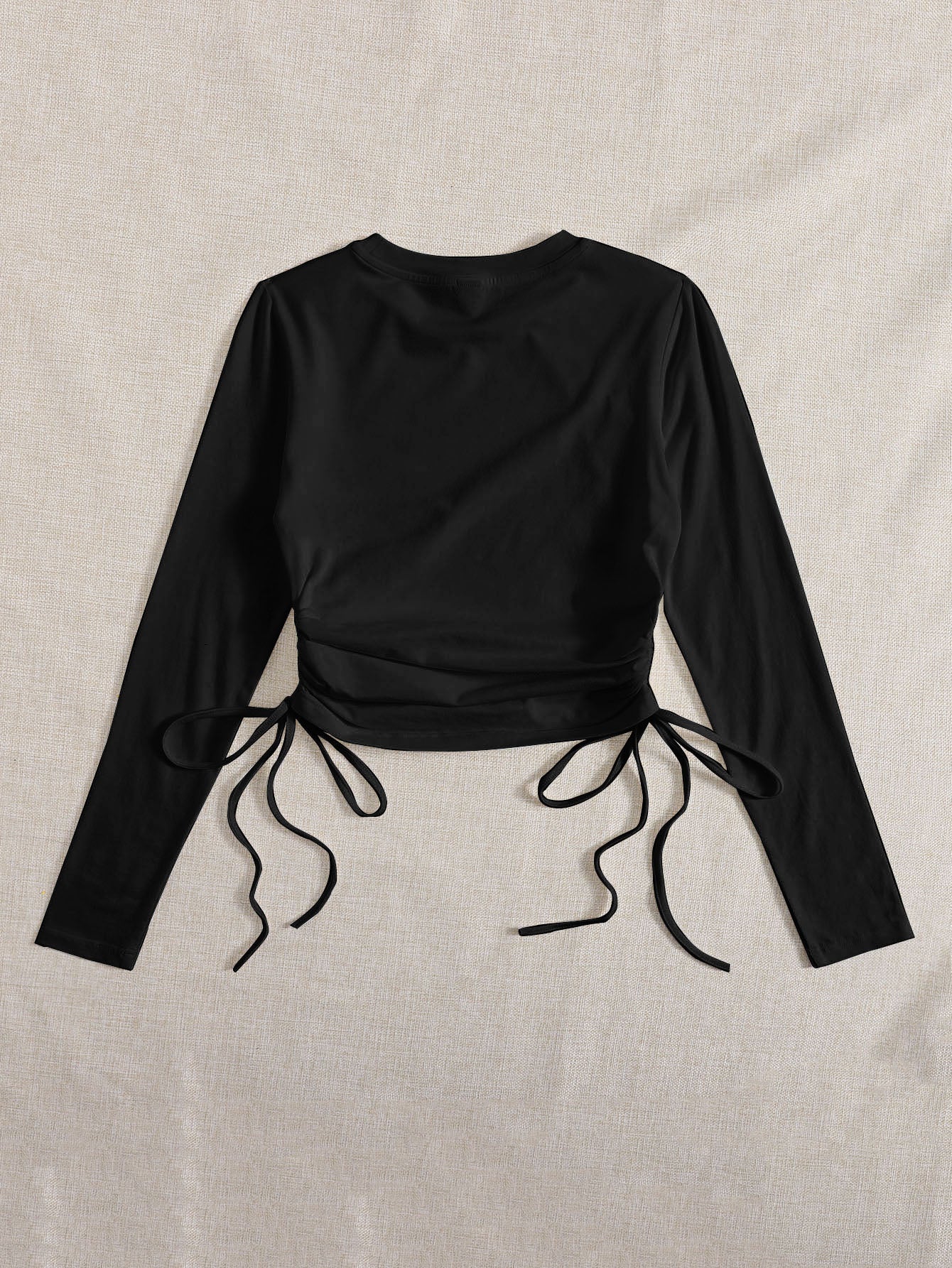 SHEIN Drawstring Ruched Solid Round Neck Crop Tee - Negative Apparel