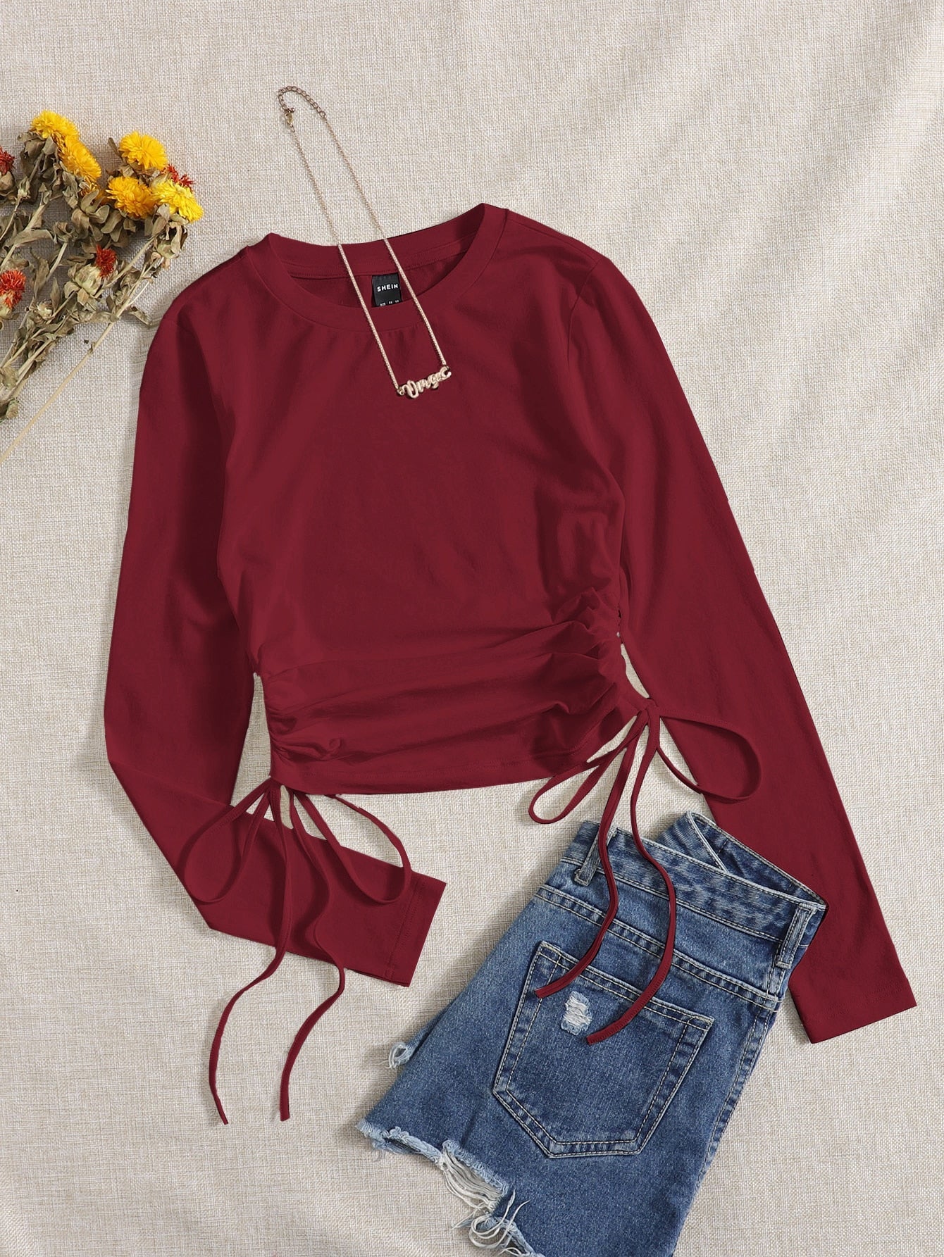 SHEIN Drawstring Ruched Solid Round Neck Crop Tee - Negative Apparel