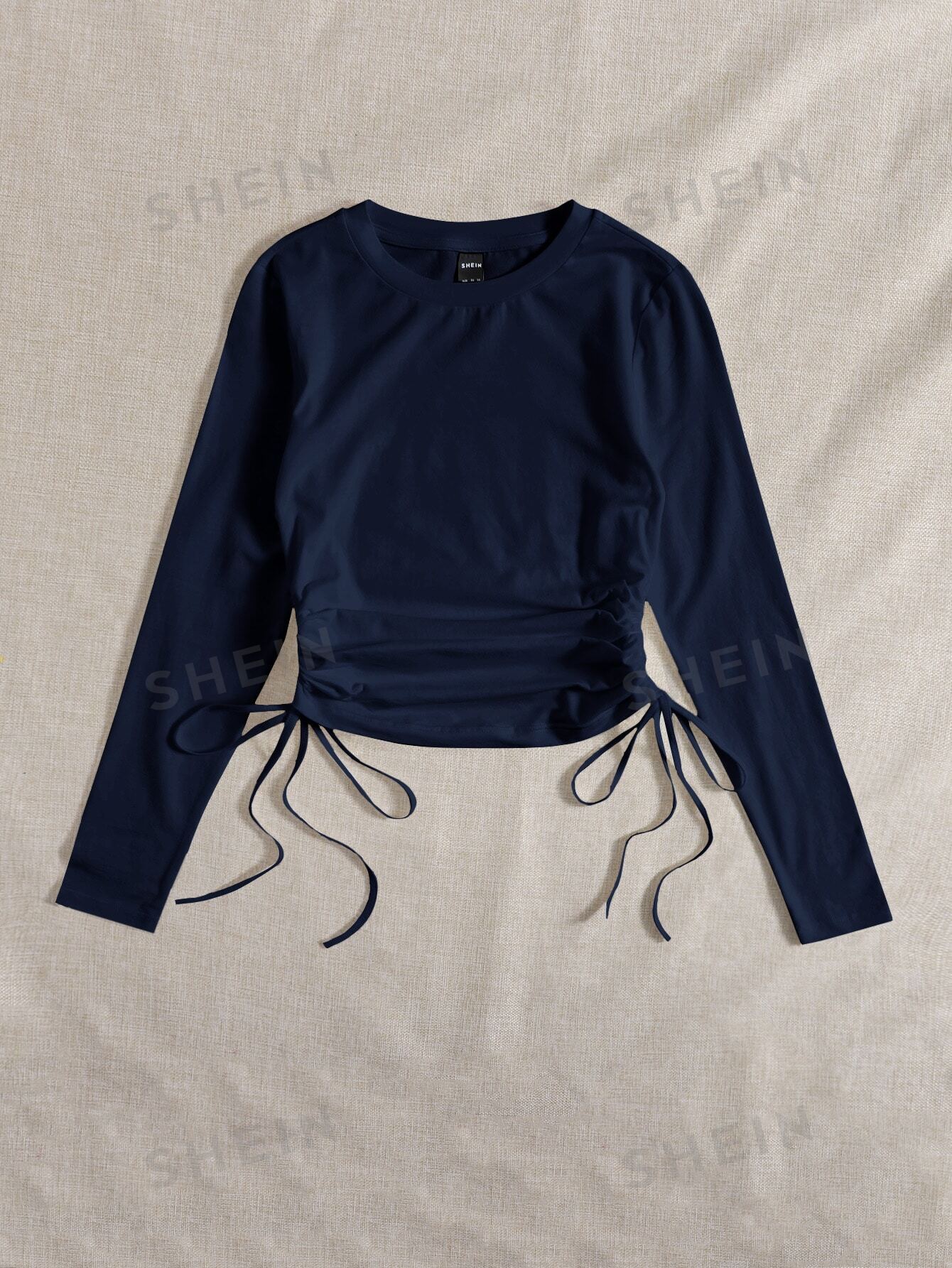 SHEIN Drawstring Ruched Solid Round Neck Crop Tee - Negative Apparel