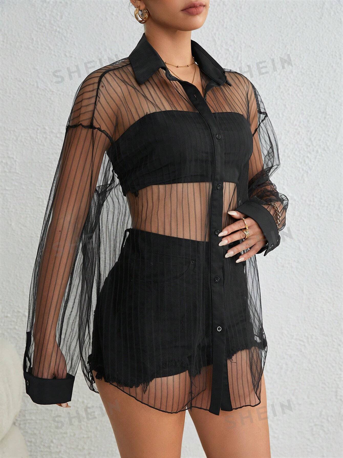 SHEIN Essnce Drop Shoulder Button Front Mesh Shirt Without Tube Top - Negative Apparel