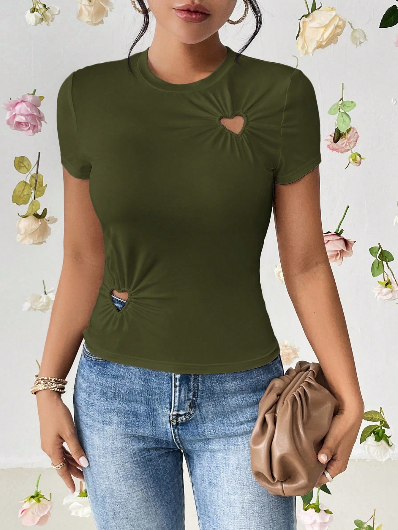 SHEIN Essnce Heart Cut Out Ruched Detail Tee - Negative Apparel