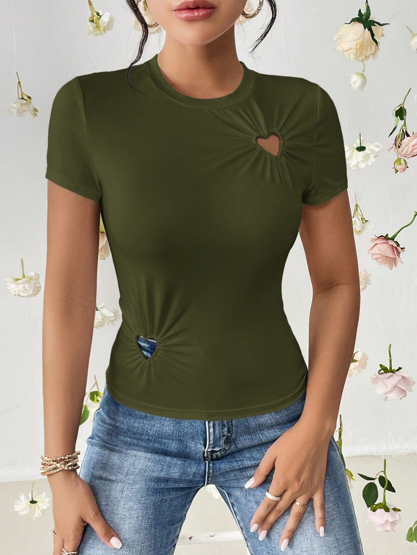 SHEIN Essnce Heart Cut Out Ruched Detail Tee - Negative Apparel