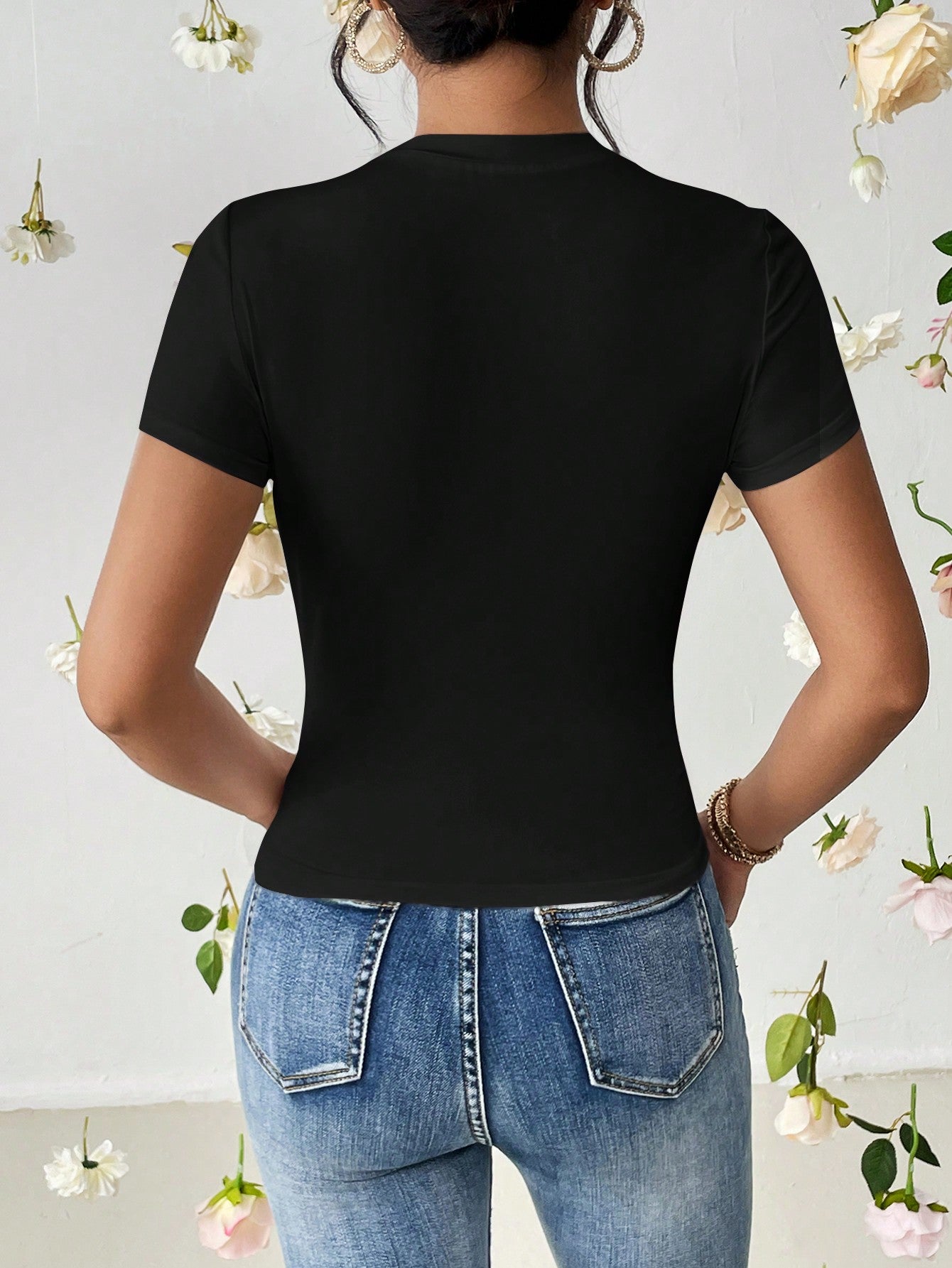 SHEIN Essnce Heart Cut Out Ruched Detail Tee - Negative Apparel